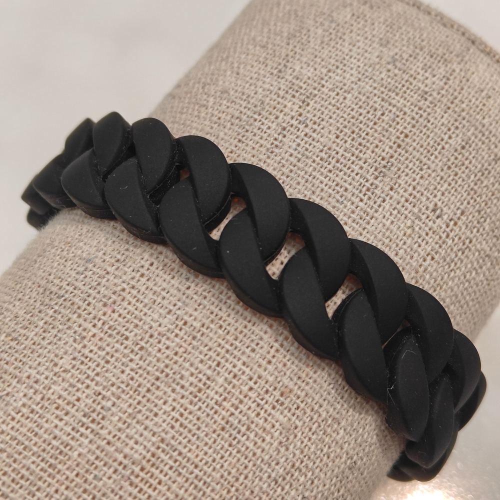 Black Silicone Curb Chain Link Stretch Bracelet Matte Rubber Sporty Jewelry